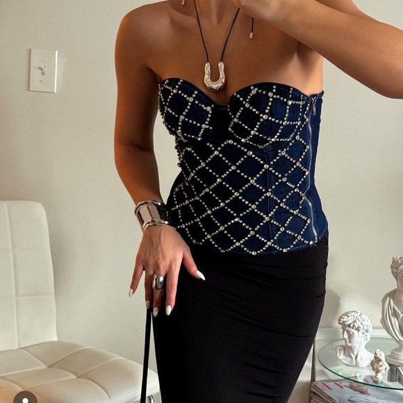 Rhinestone Strapless Overbust Denim corset top. Size S-M. - Picture 7 of 9